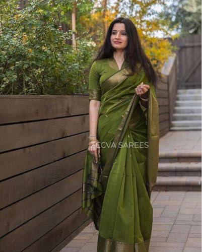 Image of ZECVA Women's Pure Soft Spun Cotton Lichi Silk Saree For Women With Attach Unstitch Blouse Piece