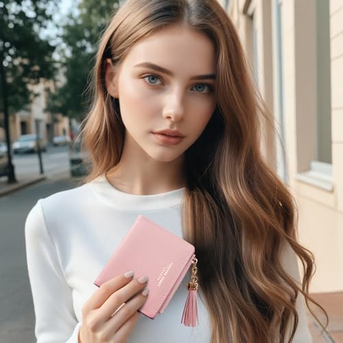 Image of KOTORA Womens Small Wallet Girls Tiny Slim Wallets Pretty Mini Card Holder Thin Short Zip Coin Purse with Love Pendant and Tassels (Pink)