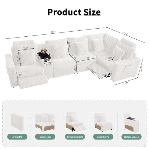 Image of RARZOE Oversized Modular Sectional Sofa with 2 Power Recliner, 5-Seater L-Shaped Corduroy Reclining Couch with Storage Console Charging Cup Holders, Fluffy Reclining Couches for Living Room,White
