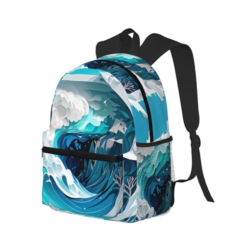 Sac à dos imprimé vagues de l'océan en toile légère et compartiment PC - 2