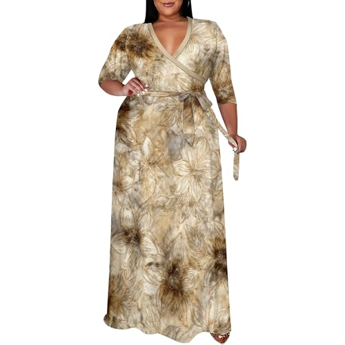 Image of SUZONANA Women's Plus Size Maxi Dresses Casual Loose Short Sleeve Long Maxi Dress with Belt Wedding