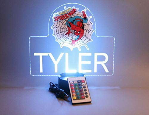 Spiderman Spider Man Superheroes Night Light Up Led Table Lamp Energy Efficient Boys Home Room Decor, Personalized Free Engraved, With Remote, 16 Color Options, A Must Have! #TOP2