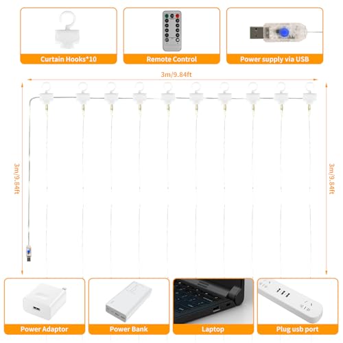 SENTAIMAO Curtain Fairy Lights, 3m x 3m 300leds USB Operated 8 Modes String Light Indoor Outdoor Waterproof Hanging Window Lights with Hooks for Christmas, Wedding, Party,Wall, Home Decorations - Image 3