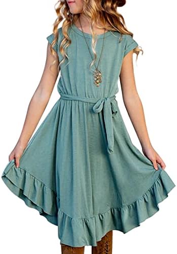 blibean Girl Summer Boho Dress Tween Kid Short Sleeve Maxi Aline Swing Dresses Bohemian Solid Midi Flowy Clothes Vestido Niña Size 8-9 Years Large Green
