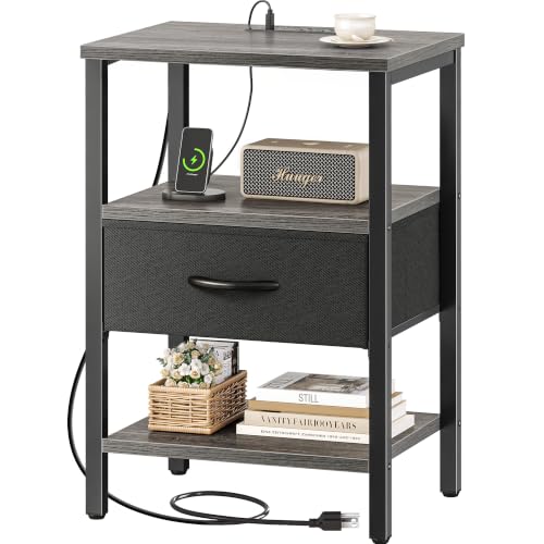 SUPERJARE Nightstand with Charging Station, Bed Side Table with Adjustable Fabric Drawer, Night Stand for Bedroom, 3-Tier Storage End Table, for Living Room, Charcoal Gray