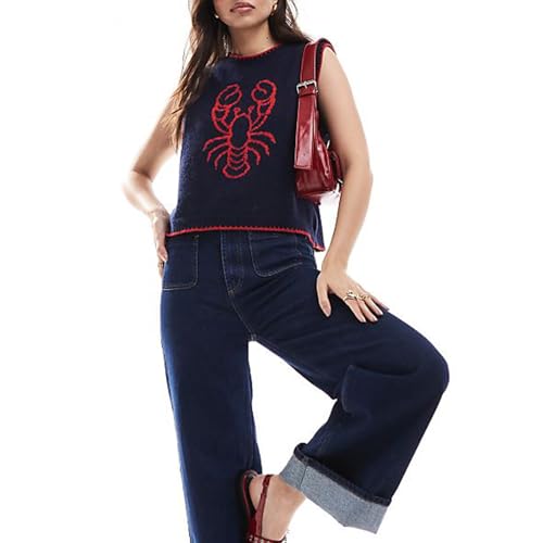 Giraropa Women Ribbed Knit Sweater Vest Contrast Color Sleeveless Crew Neck Loose Fit Pullover Tank Tops Trendy Clothes