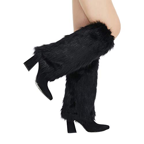 RECECASA Faux Fur Leg Warmers for Women Fluffy Boot Cuffs Covers for Halloween Christmas Furry Costume Cute Cosplay (Black L 15.7 inch)