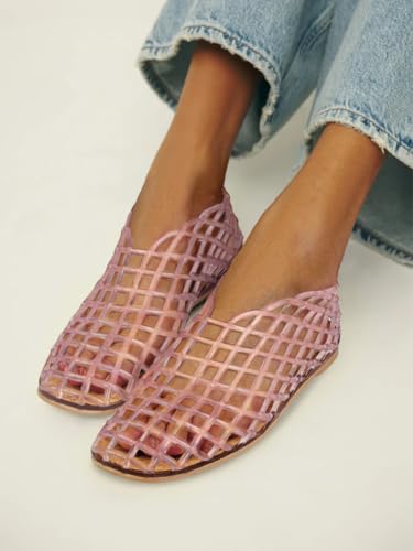 Image of Pink Jelly Mesh Ballet Flats for Women Adult Clear Hollow Jelly Sandals Closed Toe Beach Ballerina Jellies Shoes Comfortable Fishnet Ballerina Flats