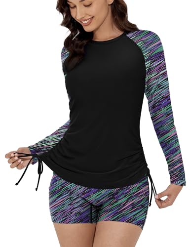 Women Two Piece Rash Guard Swimsuits Long Sleeve Built in Bra Swim Shirt UPF 50+ Bathing Suits with Boyshorts2