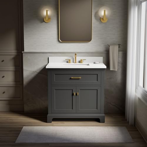 Kohler Charlemont 36" Bathroom Vanity Cabinet with White Sink and Quartz Top, Modern Bathroom Storage, Dark Warm Grey, K-29261-BD1-DWG