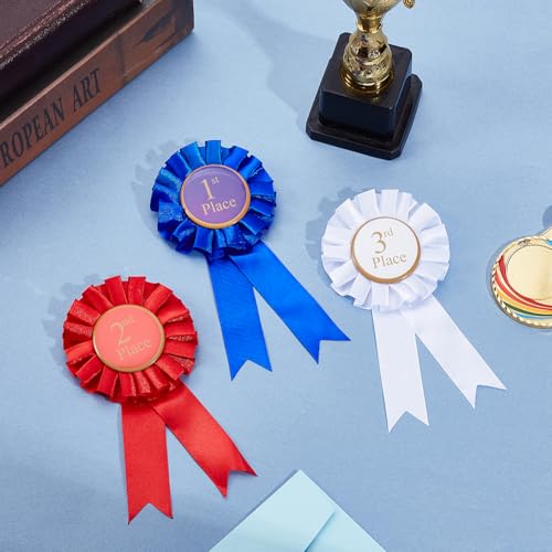 AHANDMAKER 12 Teiliges Rosetten Set Für Den 1. 2. und 3. Platz Rosettenbänder Aus Satin Teilnahmebänder In Blau Rot Und Weiß Für Die Talentshow Im Klassenzimmer