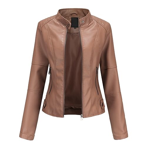 YYNUDA Femme Veste en Cuir PU Bombers Aviateur Moto Blouson Femme Simili Cuir Biker Zippé Chaud Casual Marron XXL