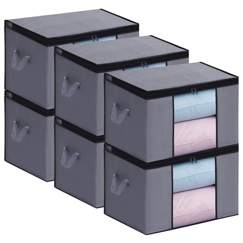 Boic 衣装ケース 衣類収納ボックス 衣類収納ケース 大容量 90L 6個組 60*43*35cm 毛布 布団収納袋 洋服収納 収納ボックス 布製 服 収納 通気性の良い不織布 防塵 持ち手 透明窓付き 収納袋、グレー