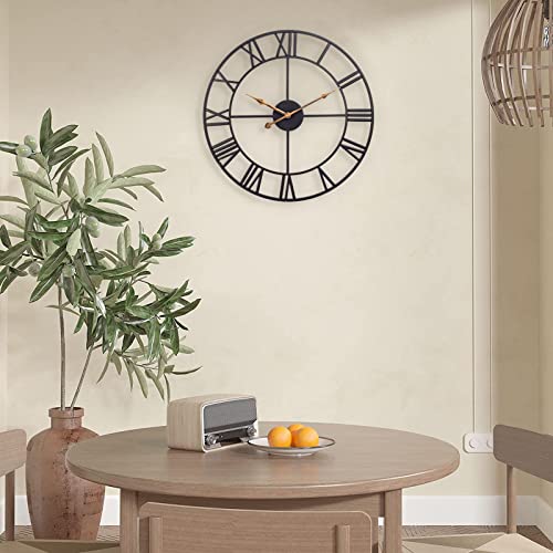 24 Inch Large Wall Clock, Industrial Wall Clock with Roman Numerals, Black Indoor Silent Non Ticking Battery Operated Vintage Metal Round Decorative Clock for Living Room, Kitchen, Home, Loft