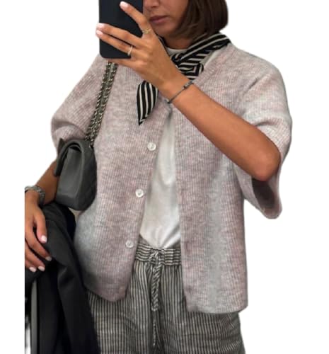 Image of Women Knit Crop Cardigan Y2k Short Sleeve Knitted Shirts Open Front Button Down Sweater Cute Fall Cardigans 2024