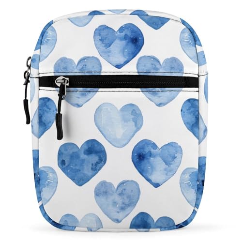 Personalized Small Crossbody Bag Water Resistant Messenger Bags Mini Hand Drawn Blue Heart Printing SlingBag For Men Women