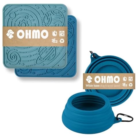 OHMO Lick Mat for Dogs（Mars&Coral，2pcs）&No Spill Collapsible Dog Water Bowl Cover