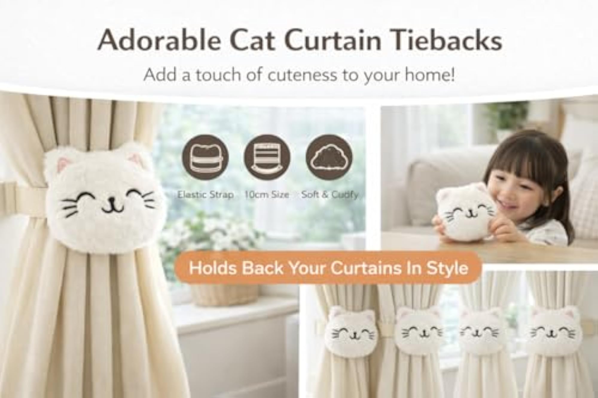 Cute Cat Curtain Tieback Soft Plush, Decorative Holder