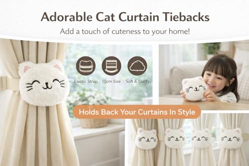 Image of Cute Cat Curtain Tieback Soft Plush | Decorative Cartoon Curtain Holder 10 cm | Elastic Tie Back for Kids Bedroom, Nursery & Living Room | Set of 2