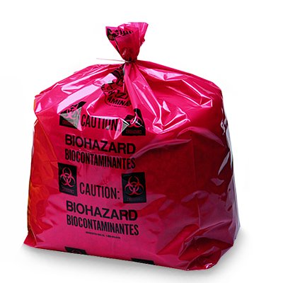 Red Color Polyethylene Bag Printed with Biohazard Symbol, 2 mil Thick, 12 x 18 Inch Bags, 100 per Package