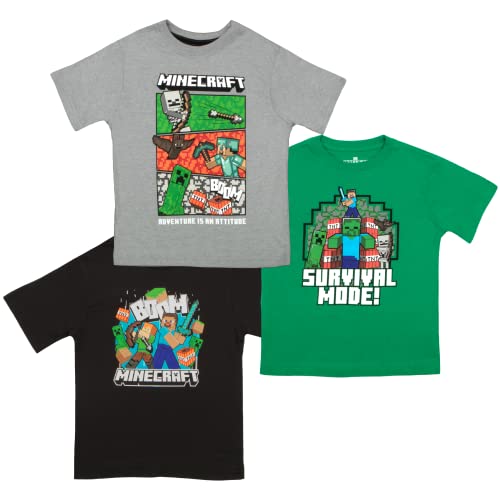 Minecraft Boys Creeper & Characters 3 Colors Short Sleeve T-Shirt Set, 3 Pack (Green/Grey/Black, Size 8)