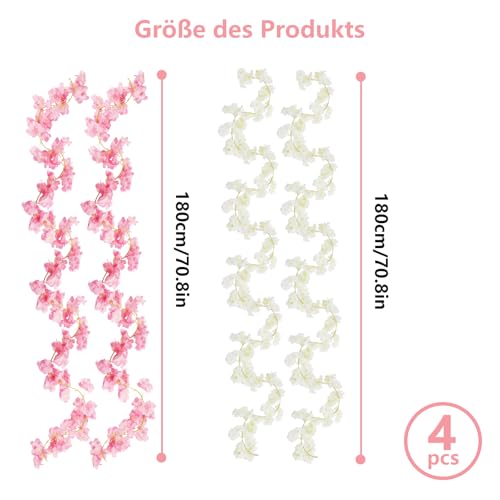 APOMOOMS 4 Stück Kirschblüten Deko Blumengirlande Künstlich Frühling Künstliche Girlande Blumen Kunstblumen Blumenranke Hängend für Hochzeit Party Garten Zimmer Bogen Wände Deko 1.8M (Rosa,Weiß)