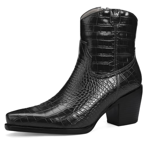 Women's Western Ankle Boots with Side Zip, 2.5-Inch Block Heel, Embroidered Pointed Toe for Casual and Concert