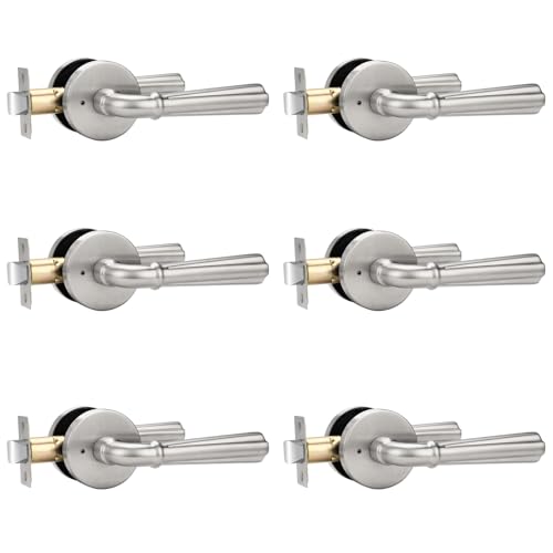 Orger 6 Pack Satin Nickel Privacy Door Lever Interior Door Handle with Lock, Keyless Bed Bath Door Handle Round Door Lever Reversible for Left & Right, Modern Privacy Door Lock Stainless Steel