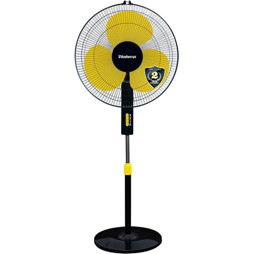 Image of Blueberry's High-Speed Oscillating Pedestal Fan, 3-Adjustable Fan Speeds, Rust Resistant Body, Adjustable Length, RPM 2200, 400-mm Sweep Length (Yellow)