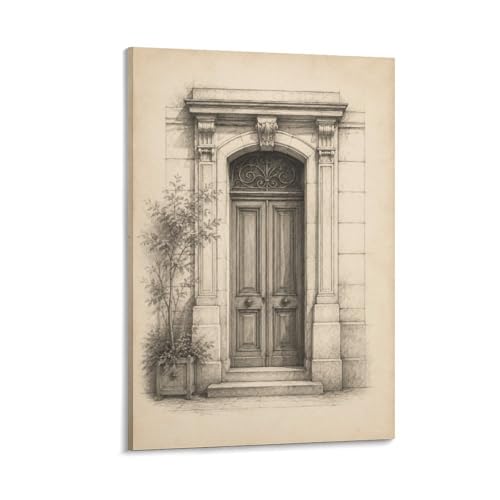 VALOR LIVING Parisian Townhouse Door Pencil Drawing Canvas Wall Art, Vintage European Door Decor