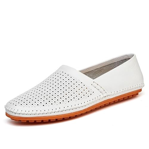 Men's Hollow Out Cow Leather Hand Stitching Penny Loafers Breathable Lightweight Flat Slip On Moccasins Casual Driving Walking Shoes