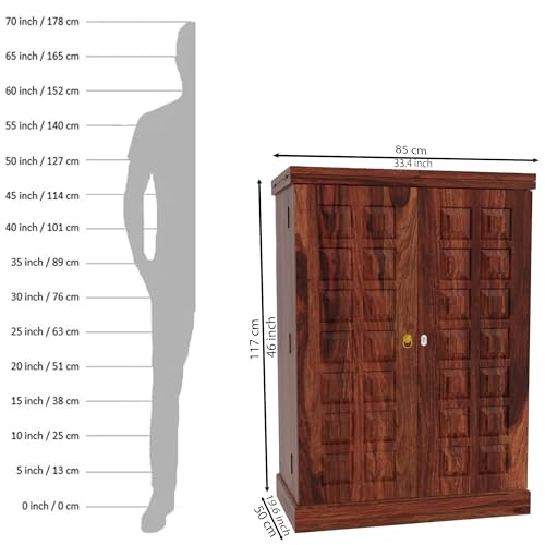 Image of Solid Sheesham Wood Bar Unit Cabinet with Storage Bottle Shelves & Built-in Glass Holder Wooden Drink Wine Rack Organizer for Living Room, Home & Lounge Dining Cupboard Liquor Furniture