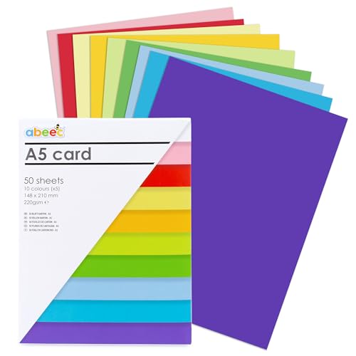 abeec Coloured Card A5 Including White Card 50 Sheets, 10 Assorted Colours - Perfect for Crafting, Scrapbooking, and DIY Projects - High-Quality 220gsm Card