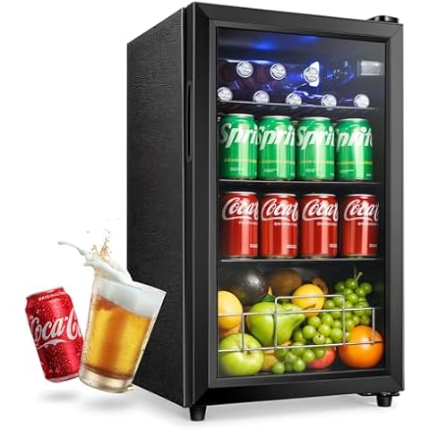 Anypro Beverage Refrigerator and Cooler, 2.6 Cu.Ft Mini fridge with Tempered Glass Door, 126 Cans Wine Drink Beer Fridge, Small Refrigerator for Office Bedroom Bar, 7 Temperatures, Adjustable Shelves Cover