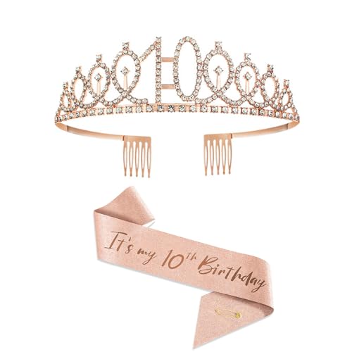 10e Anniversaire Fille - Echarpe et Couronne en Or Rose, Diademe en Cristal - Cadeaux pour Fête d'Anniversaire
