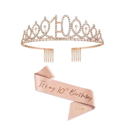 10 Ans Anniversaire Fille,10 Echarpe et Couronne Anniversaire Ceinture et Couronne en Or Rose Couronne Diademe en Cristal Echarpe Cadeaux de 10e Anniversaire pour Filles Faveur Fête 10e Anniversaire