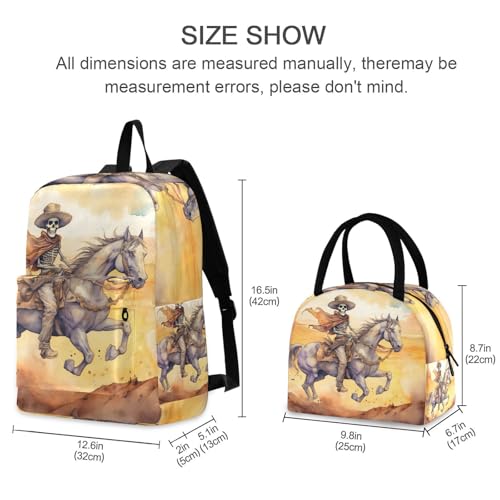 Backpack Lunch Box Set Large Capacity Travel Backpacks and Insulated Lunch Bag for Commute Hiking Picnic Watercolor Skeleton Cowboy Print2