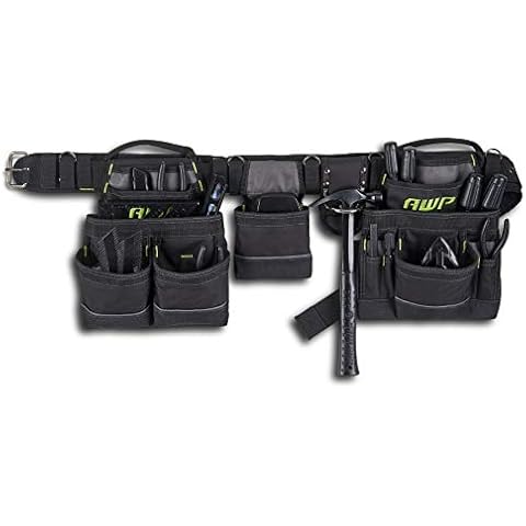 AWP Carpenter Tool Rig with Carry Handles, Premium Tool Belt, Air-Mesh Padded Belt Fits Waists Up to 50 Inches,Black Cover