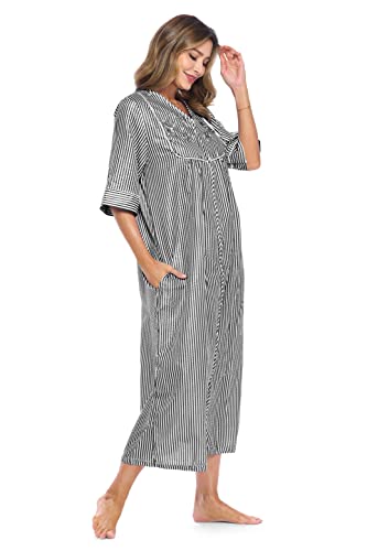 Casual Nights Women's Zip Front Seersucker House Dress 3/4 Sleeves Housecoat Long Duster Lounger - Striped Black - X-Large #TOP1