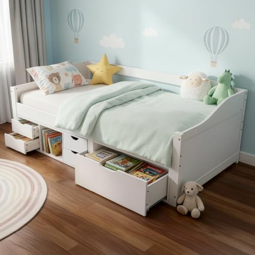 Juskys Lit Enfant Nalu 90x200 avec Tiroirs et Sommier á Lattes, Lit Simple en Bois pin Massif avec Rangement pour Fille et Garcon, Blanc