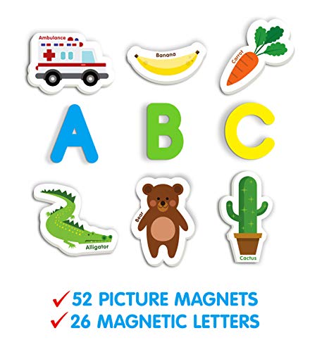 Curious Columbus Magnetic Objects And Letters. Set Of 78 Foam Magnets Including 52 Pictures And 26 Uppercase Alphabet Magnets From A-Z. Best Educational Toy For Preschool Learning #TOP2
