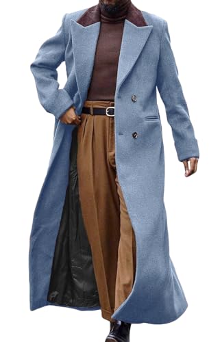 Image of Man's Double Breasted Full Length Trench Coat Casual Corduroy Collar Long Jacket Peacoat Wool Blend Winter