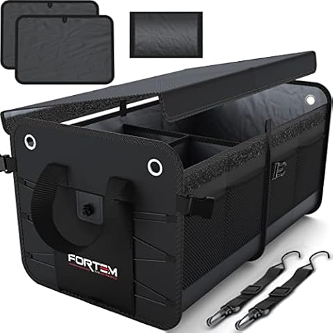 FORTEM Car Boot Tidy for Storage, Collapsible Multi Compartment Car Organiser, Non Slip Bottom, Adjustable Securing Straps Cover