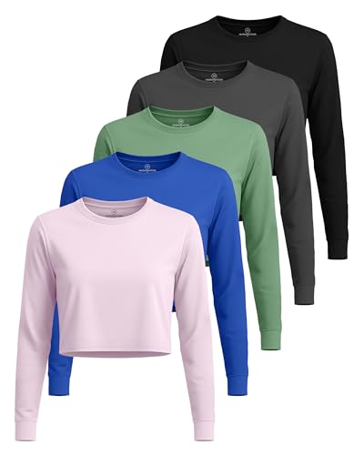 Real Essentials 5 Pack: Women's Dry Fit Crop Top - Long Sleeve Crew Neck Stretch Athletic Tee (Available in Plus Size)