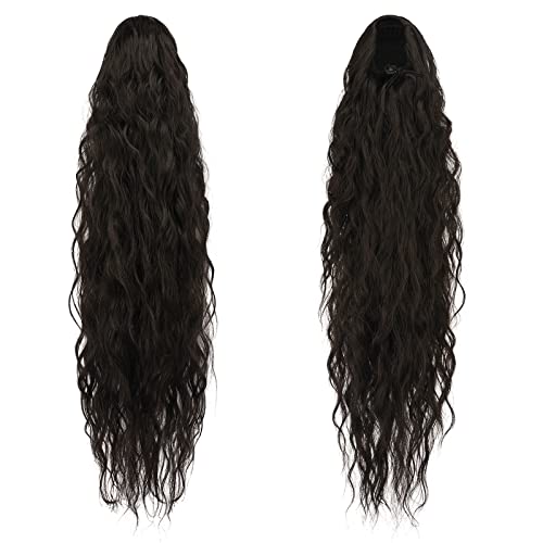 FESHFEN Long Curly Wavy Drawstring Ponytail Extensions Clip in Wavy Synthetic Hairpieces Natural Black Drawstring Ponytail Curly Hair Piece Pony Tail Extension for Women 26 inch - Image 2