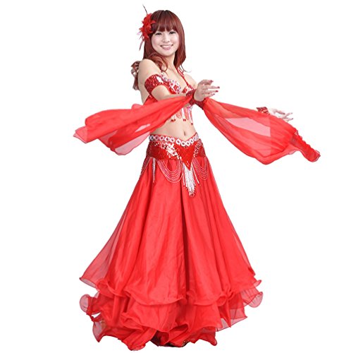 YuanDian Femmes Danse Du Ventre Performance Double Anneau Manches Flash Paillettes Bracelets Accessoires Tribal Oriental Arabe Danse Manches (Sans Jupes Et Bras) Rouge Unique Cover
