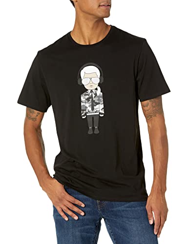 Karl Lagerfeld Paris Men's Reflective Karl Chacracter with Headphones Short Sleeve Crew Neck T-Shirt, Black, XL
