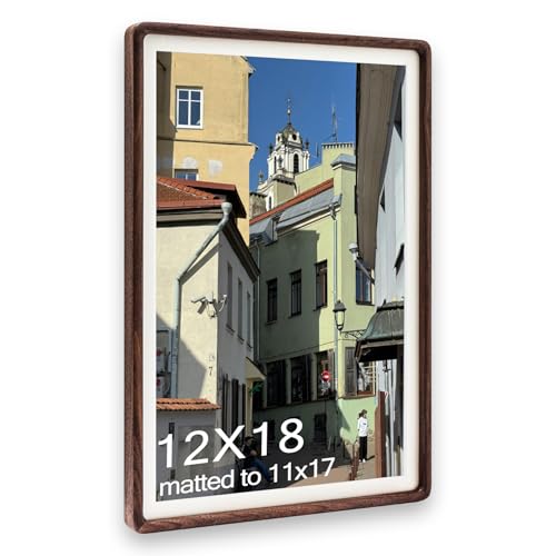 Husteria 12x18 Frame Solid Walnut Wood Poster Frame with Mat for 11x17 or 12x18 without Mat Rounded Corner Walnut Wooden Frame Gallery Wall Frames for Art Horizontal or Vertical Wall Mounting