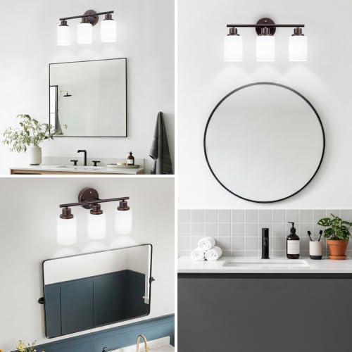 Image of 3-Light Bathroom Light Fixtures, Oil-Rubbed Bronze Gold Vanity Lights for Mirror with Textured Milky White Glass Shade, Modern Kitchen Light Fixtures Wall Sconce Light - E26