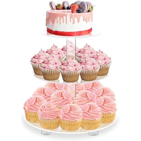YestBuy 3 Tier Round Cupcake Stand with Base, Acrylic Cake Stand, Cupcake Tower Stand, Premium Cupcake Holder for 23 Cupcakes, Display for Pastry Wedding Birthday Party (4" Between 2 Layers) Cover